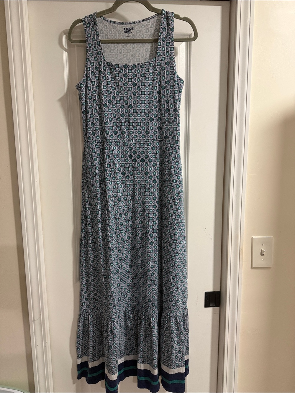 Lands' End Teal, Navy and White Printed Sleeveless Maxi Dress Small Tall
